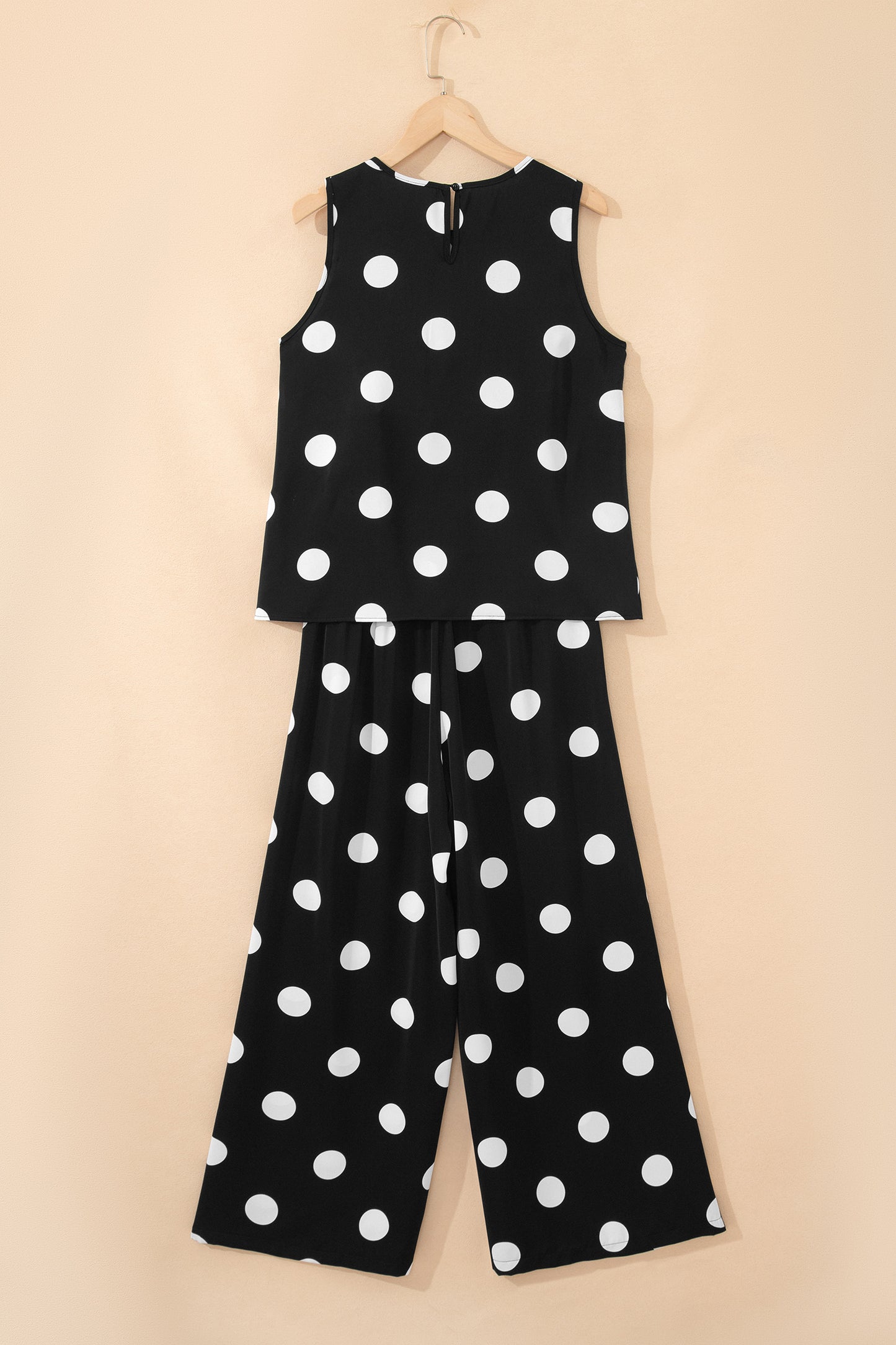 Black Polka Dot Print Pleated Round Neck Tank Casual Wide Leg Two-Piece Outfit
