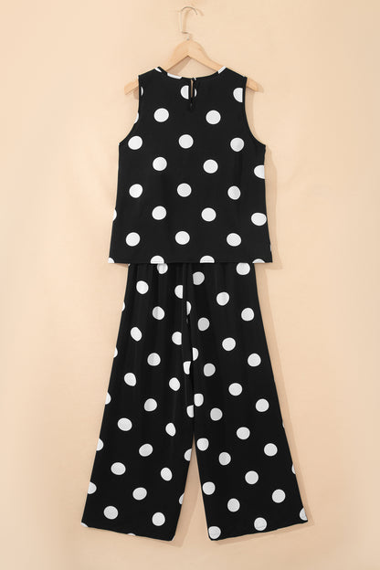 Black Polka Dot Print Pleated Round Neck Tank Casual Wide Leg Two-Piece Outfit