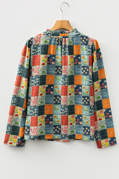 Sky Blue Fall Floral Half Placket Collared V Neck Blouse