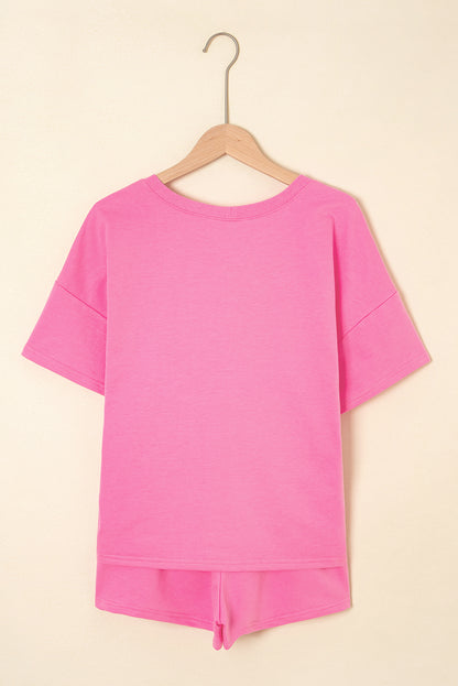 Mint Green V Neck Drop Shoulder Tee and Patchwork Drawstring Shorts Set