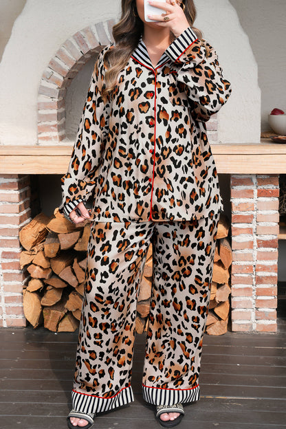 Khaki Plus Leopard Print Contrast Piping Striped Patchwork 2pcs Long Pajama Set