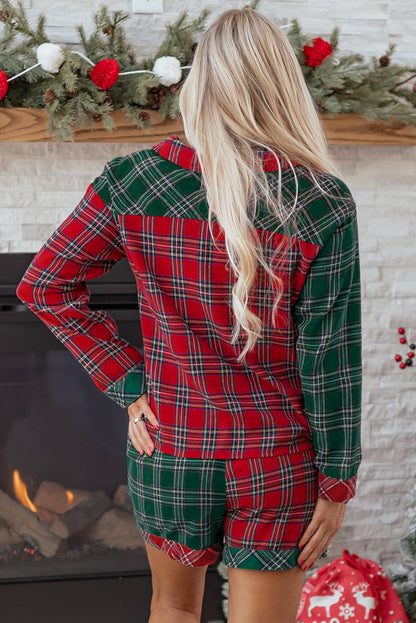 Green Plaid Contrast Patched Christmas Holiday Long Sleeve Shirt and Short 2pcs Pajama Set