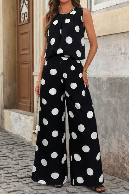 Black Polka Dot Print Pleated Round Neck Tank Casual Wide Leg Two-Piece Outfit