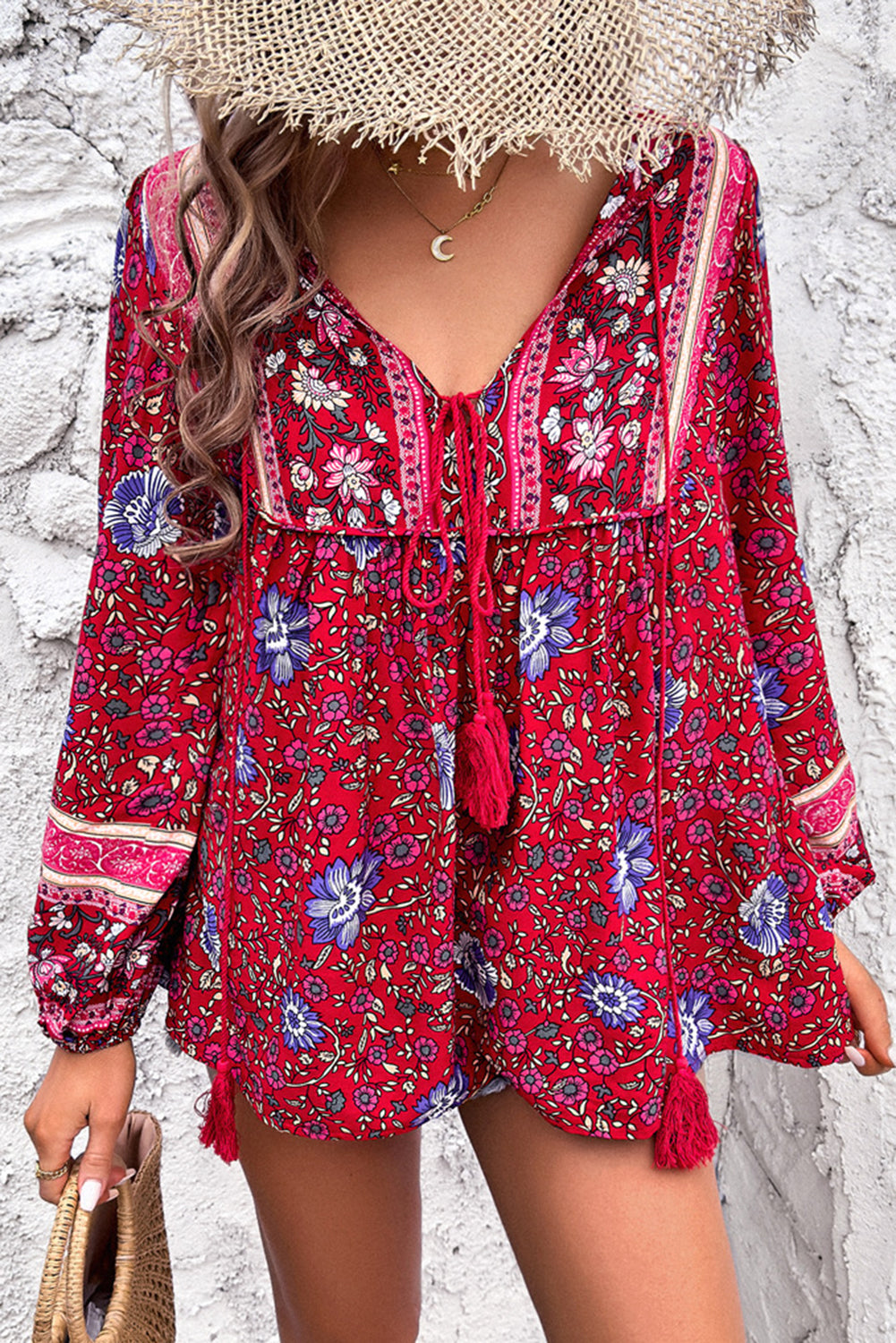 Blue Bohemian Floral Print Tassel Tie Front Long Sleeve Blouse