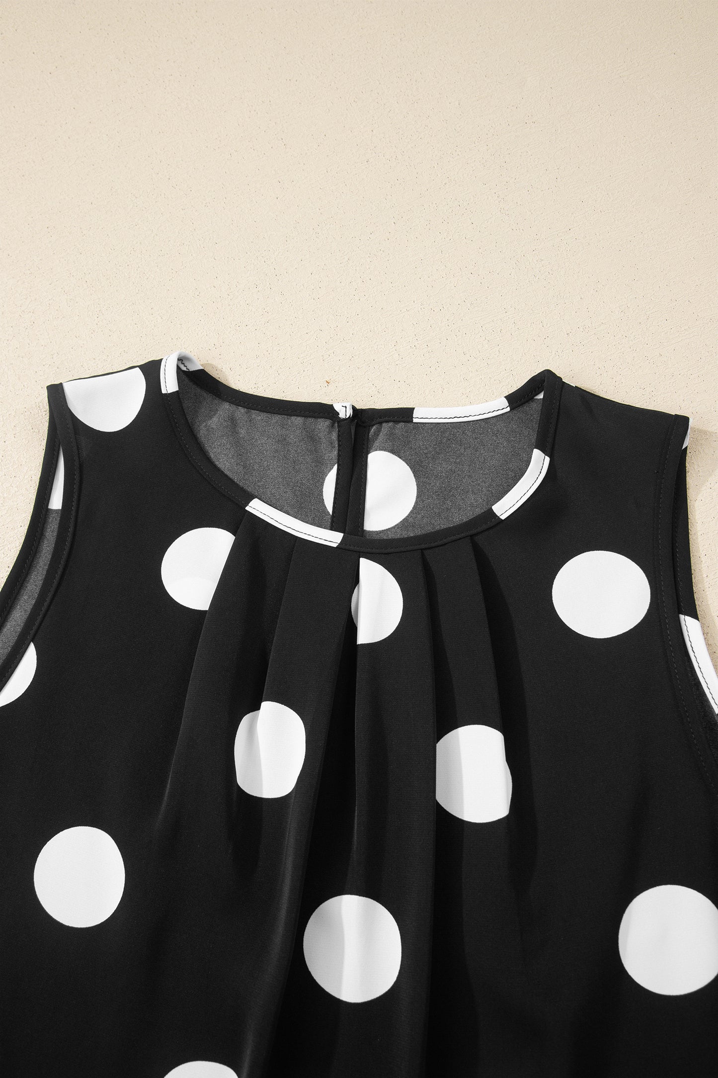 Black Polka Dot Print Pleated Round Neck Tank Casual Wide Leg Two-Piece Outfit