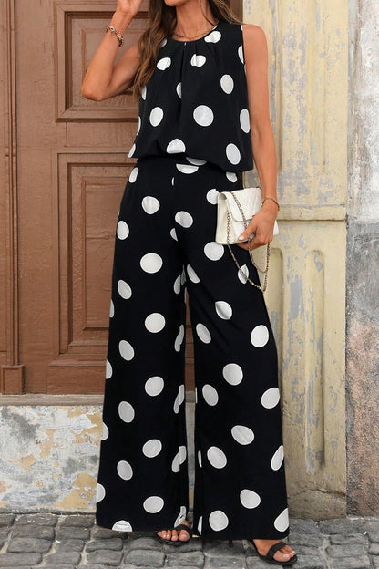 Black Polka Dot Print Pleated Round Neck Tank Casual Wide Leg Two-Piece Outfit