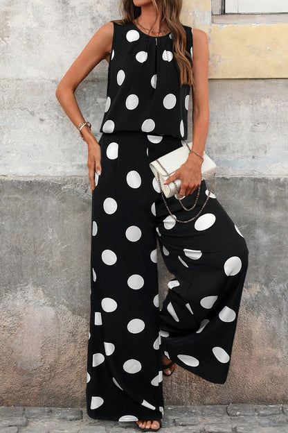 Black Polka Dot Print Pleated Round Neck Tank Casual Wide Leg Two-Piece Outfit