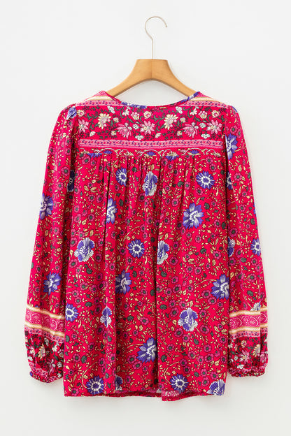 Blue Bohemian Floral Print Tassel Tie Front Long Sleeve Blouse