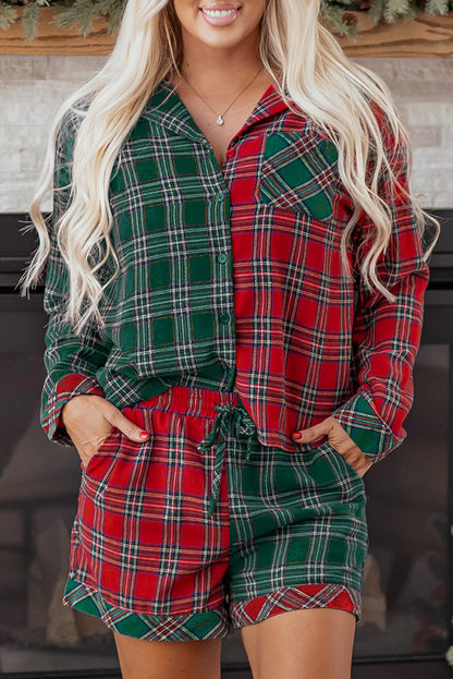 Green Plaid Contrast Patched Christmas Holiday Long Sleeve Shirt and Short 2pcs Pajama Set