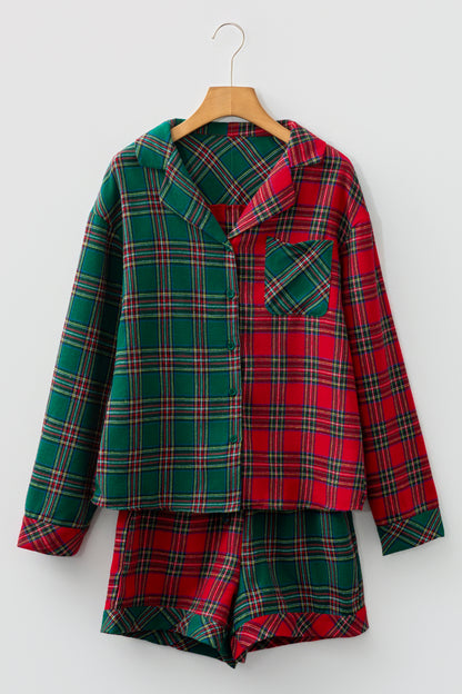Green Plaid Contrast Patched Christmas Holiday Long Sleeve Shirt and Short 2pcs Pajama Set