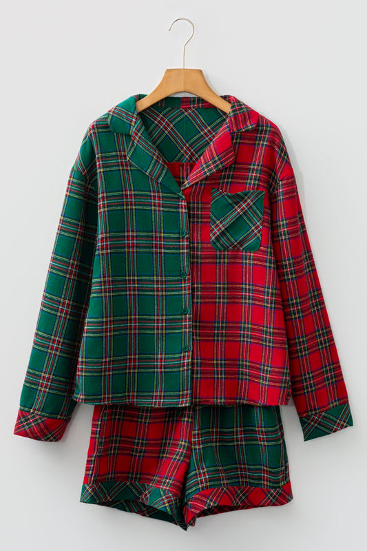 Green Plaid Contrast Patched Christmas Holiday Long Sleeve Shirt and Short 2pcs Pajama Set
