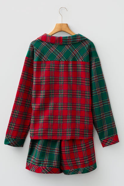 Green Plaid Contrast Patched Christmas Holiday Long Sleeve Shirt and Short 2pcs Pajama Set