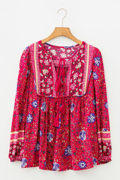 Blue Bohemian Floral Print Tassel Tie Front Long Sleeve Blouse