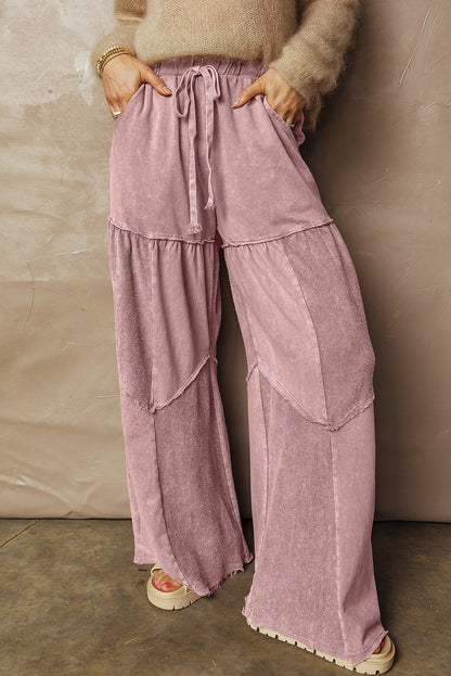 Black Mineral Wash Tiered Wide Leg Patchwork Drawstring Pants