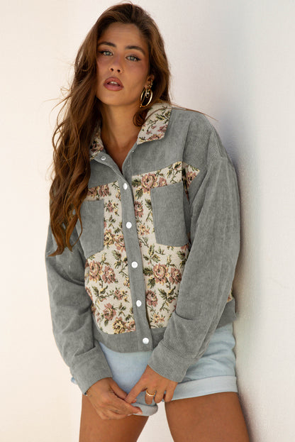 Medium Grey Ribbed Retro Floral Patchwork Shirt Style Jacket