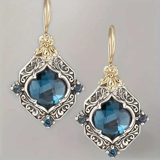 Vintage Sapphire Carved Earrings Women's Light Luxury Court Style