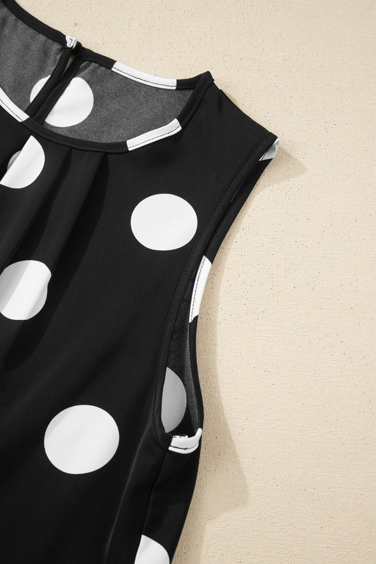 Black Polka Dot Print Pleated Round Neck Tank Casual Wide Leg Two-Piece Outfit