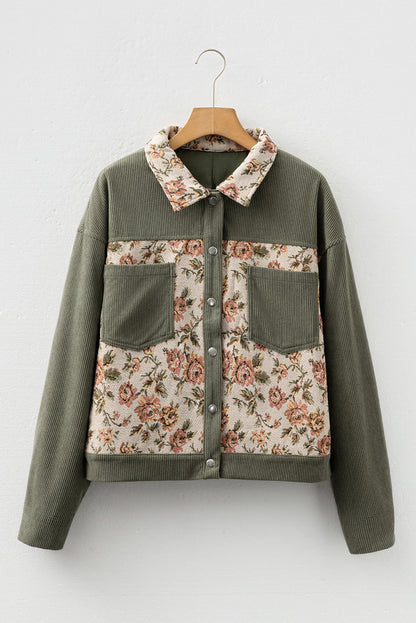 Medium Grey Ribbed Retro Floral Patchwork Shirt Style Jacket