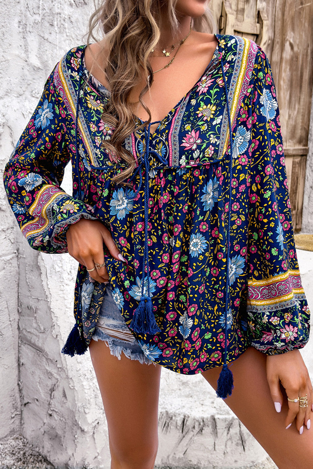 Blue Bohemian Floral Print Tassel Tie Front Long Sleeve Blouse