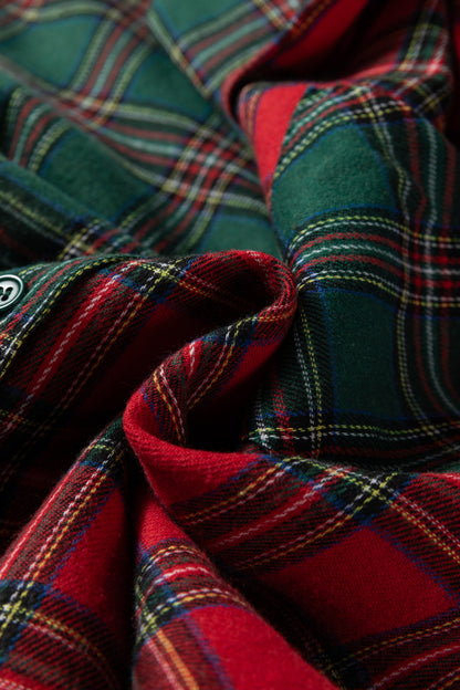 Green Plaid Contrast Patched Christmas Holiday Long Sleeve Shirt and Short 2pcs Pajama Set