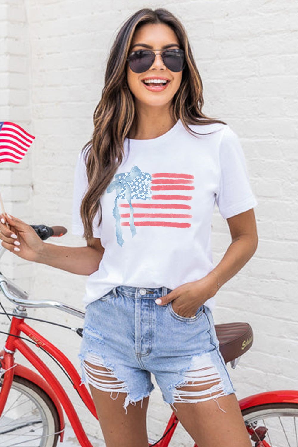 White American Flag Bow Knot Print Crew Neck T Shirt