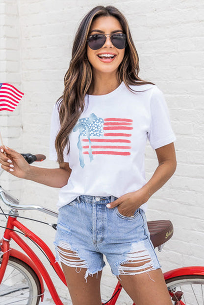 White American Flag Bow Knot Print Crew Neck T Shirt