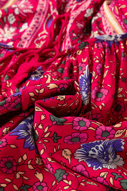 Blue Bohemian Floral Print Tassel Tie Front Long Sleeve Blouse