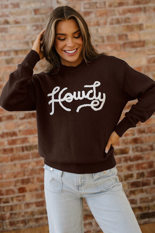 Chicory Coffee Howdy Embroidered Graphic Western Sweater