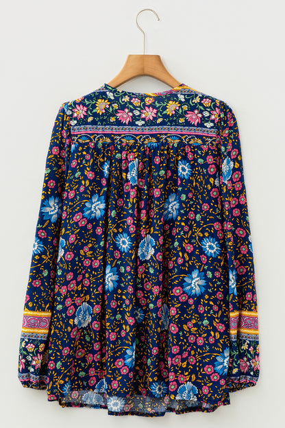 Blue Bohemian Floral Print Tassel Tie Front Long Sleeve Blouse