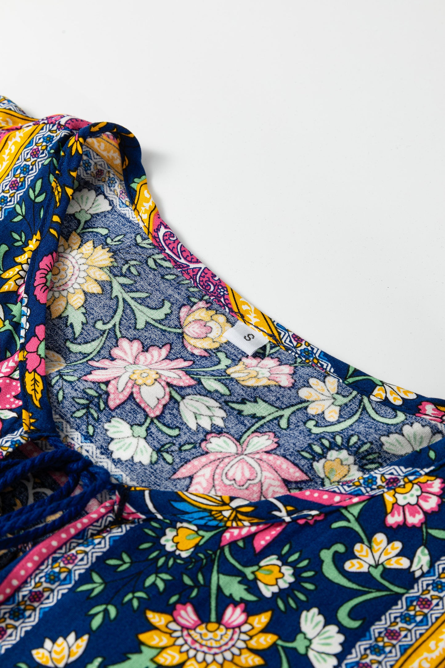 Blue Bohemian Floral Print Tassel Tie Front Long Sleeve Blouse