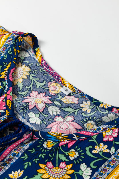Blue Bohemian Floral Print Tassel Tie Front Long Sleeve Blouse
