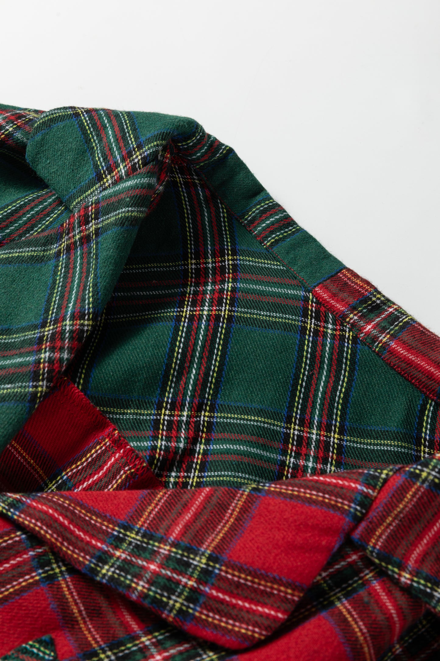 Green Plaid Contrast Patched Christmas Holiday Long Sleeve Shirt and Short 2pcs Pajama Set