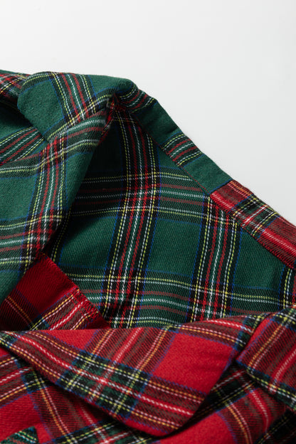 Green Plaid Contrast Patched Christmas Holiday Long Sleeve Shirt and Short 2pcs Pajama Set